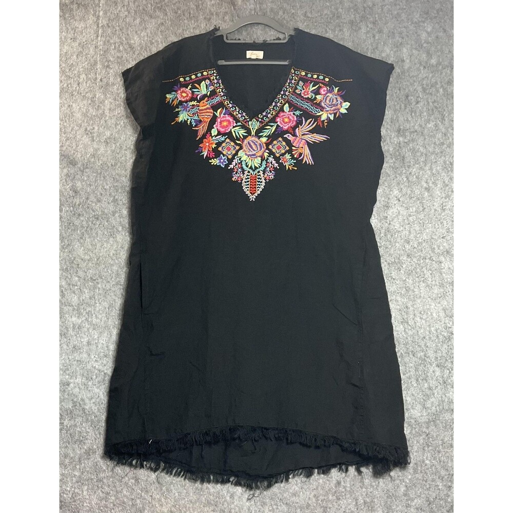 Layers Dress Womens XL Black Linen Embroidered Floral Boho Shift V Neck Casual